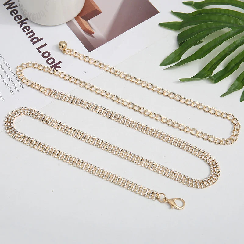 Cinturón de vestir de moda de alta gama para mujer; Cadena de espera ajustable adornada con pedrería; Accesorio de moda lujoso para niñas