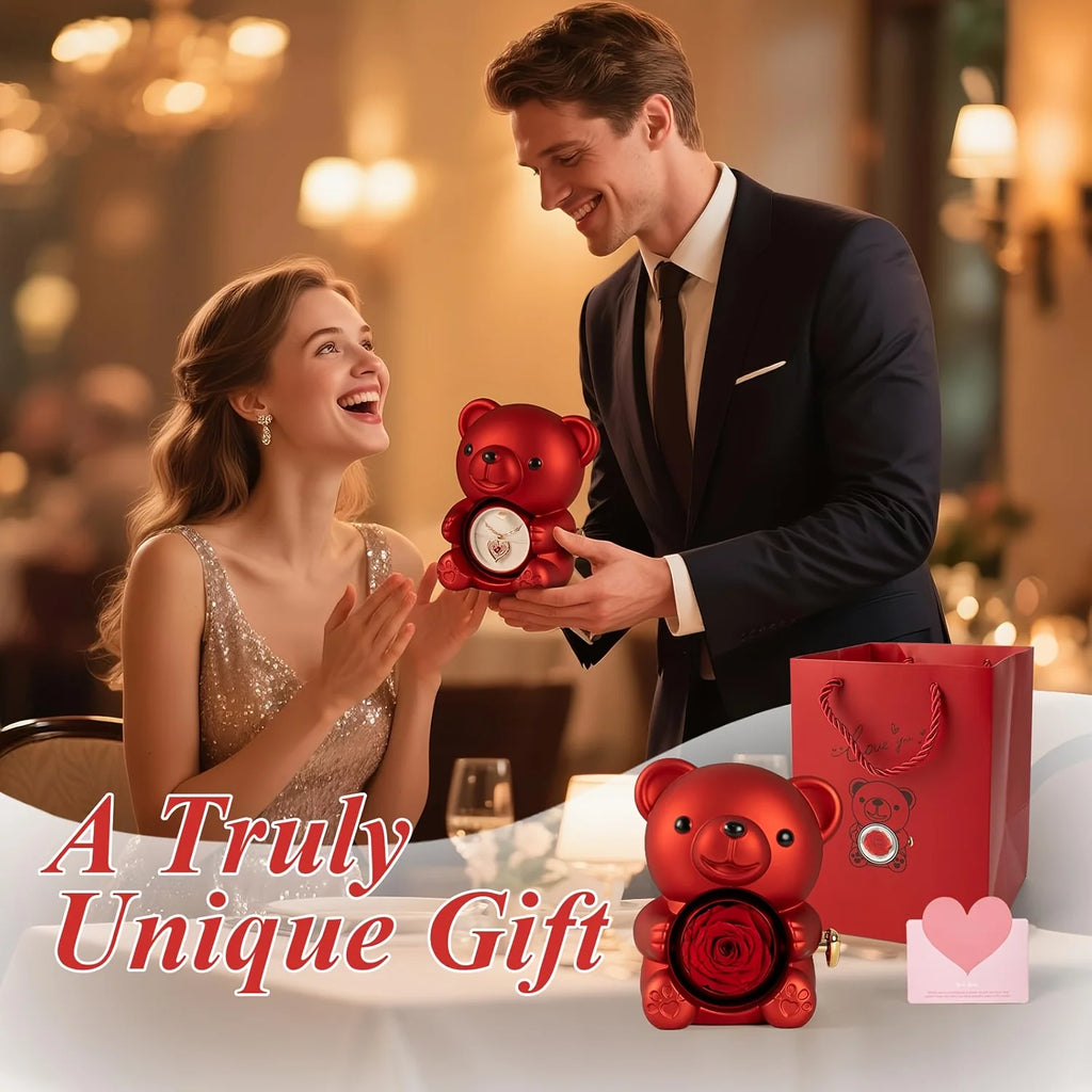 Caja de Regalo con Oso de Peluche y Rosas |   Joyero con Espacio Oculto para Anillo o Pendientes, Incluye Rosa Artificial, Regalo de San Valentín