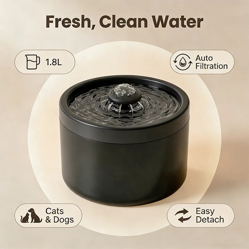 Bebedero Automático para Gatos y Perros 1.8L – Fuente de Agua Silenciosa con Filtro y Base Antideslizante