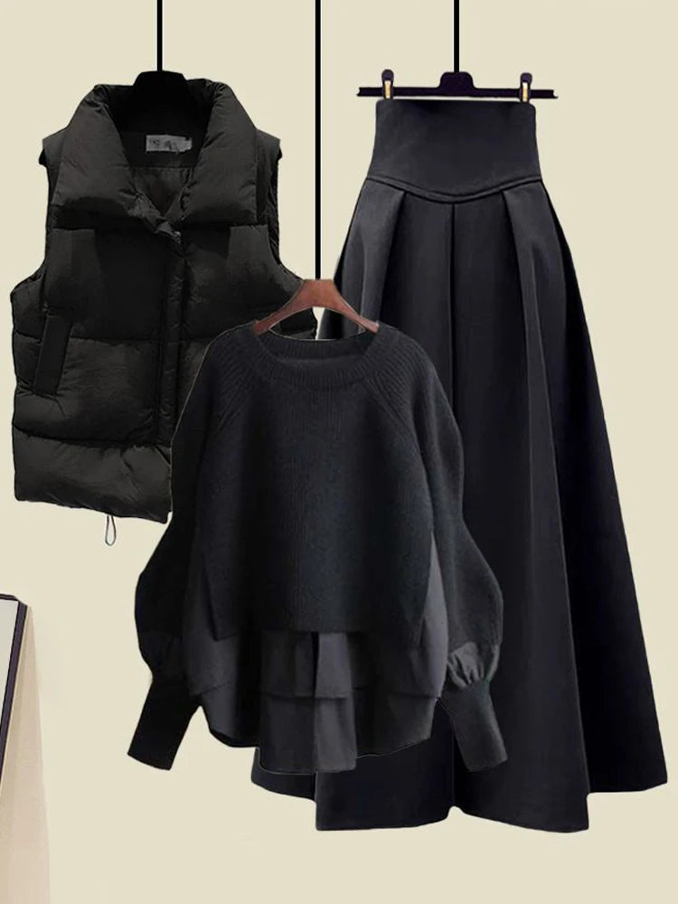 Conjunto de Moda Otoñal para Mujer: Diseño Exclusivo y Moderno, Ceco con Efecto de Dos Piezas y Falda ter, Conjunto de ...