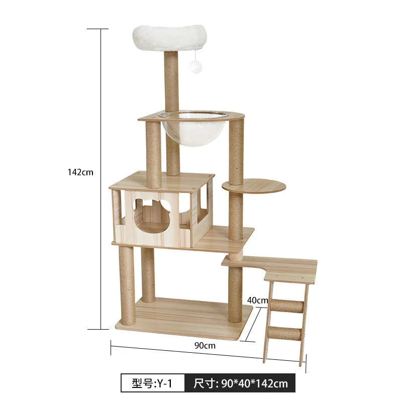 Árbol rascador para gatos, estructura grande de madera integrada con casa y columna rascadora, no ocupa mucho espacio.