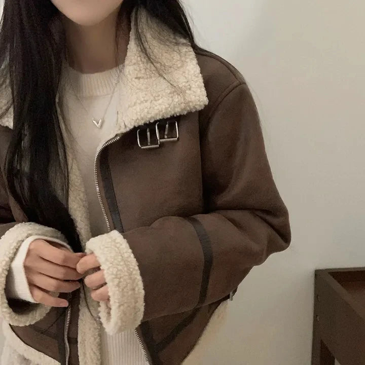 Chaqueta de Motocicta de Gamuza Retro Chic para Mujer, Estilo Casual y Moderno, Top de Manga Larga de Aodón para Mujeres...