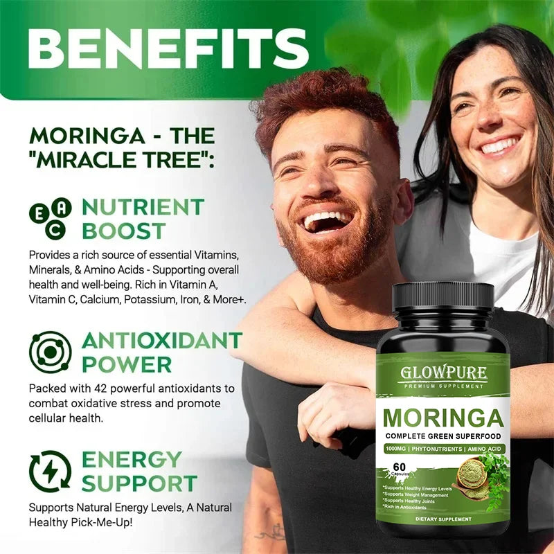 Cápsulas Pure Moringa: superalimento para energía, piel, salud inmune y intestinal con antioxidantes, vitaminas y aminoácidos