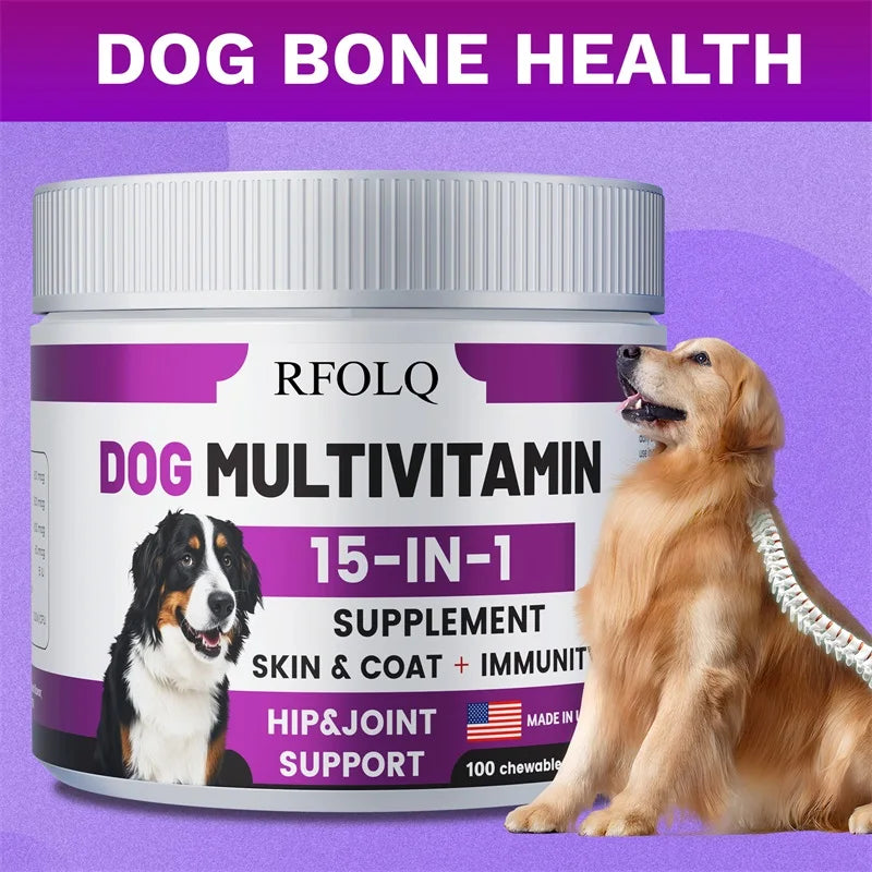 Multivitamina 15 en 1 para Perros – Soporte para Articulaciones, Piel, Digestión e Inmunidad (100 Tabletas Masticables)