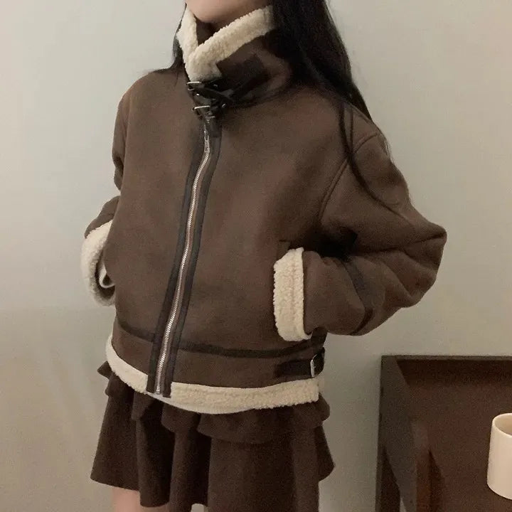 Chaqueta de Motocicta de Gamuza Retro Chic para Mujer, Estilo Casual y Moderno, Top de Manga Larga de Aodón para Mujeres...