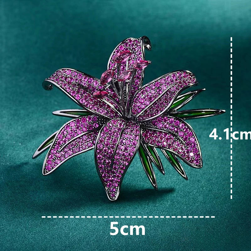 Broche de lirio con diamantes de imitación de cristal de colores de lujo para mujer, broches de flores de solapa brillantes para evitar la malfunciones del armario, regalos