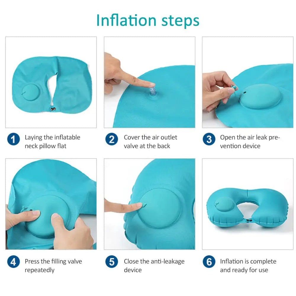 Almohada inflable flocada para el cuello, portátil, que se puede almacenar y llenar, adecuada para viajes al aire libre, viajes de negocios, camping