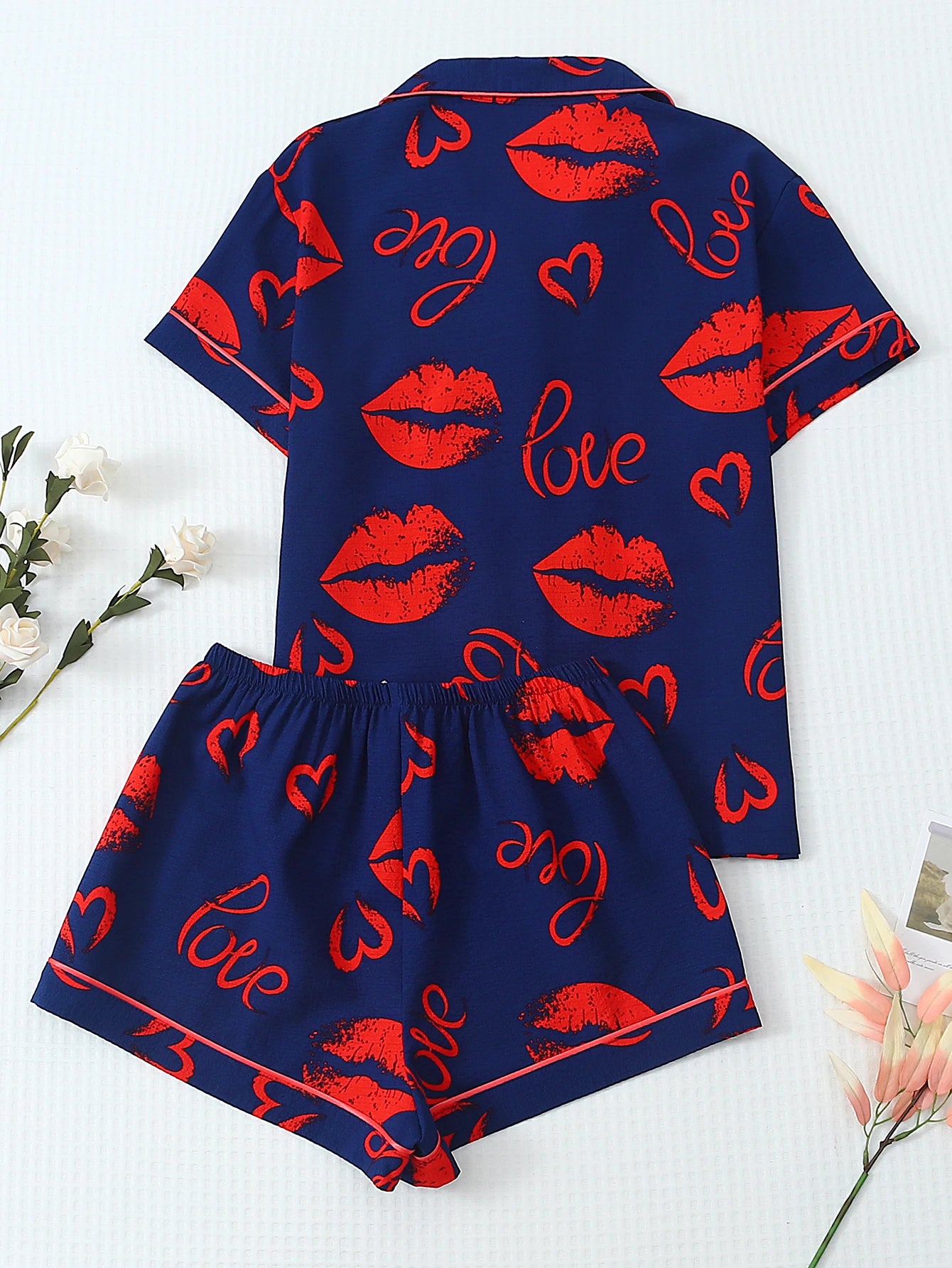 [San Valentín] Conjunto de pijama de 2 piezas con estampado de labios, pantalones cortos de manga corta, pijamas de mujer, conjunto de ropa de descanso adecuado para uso doméstico