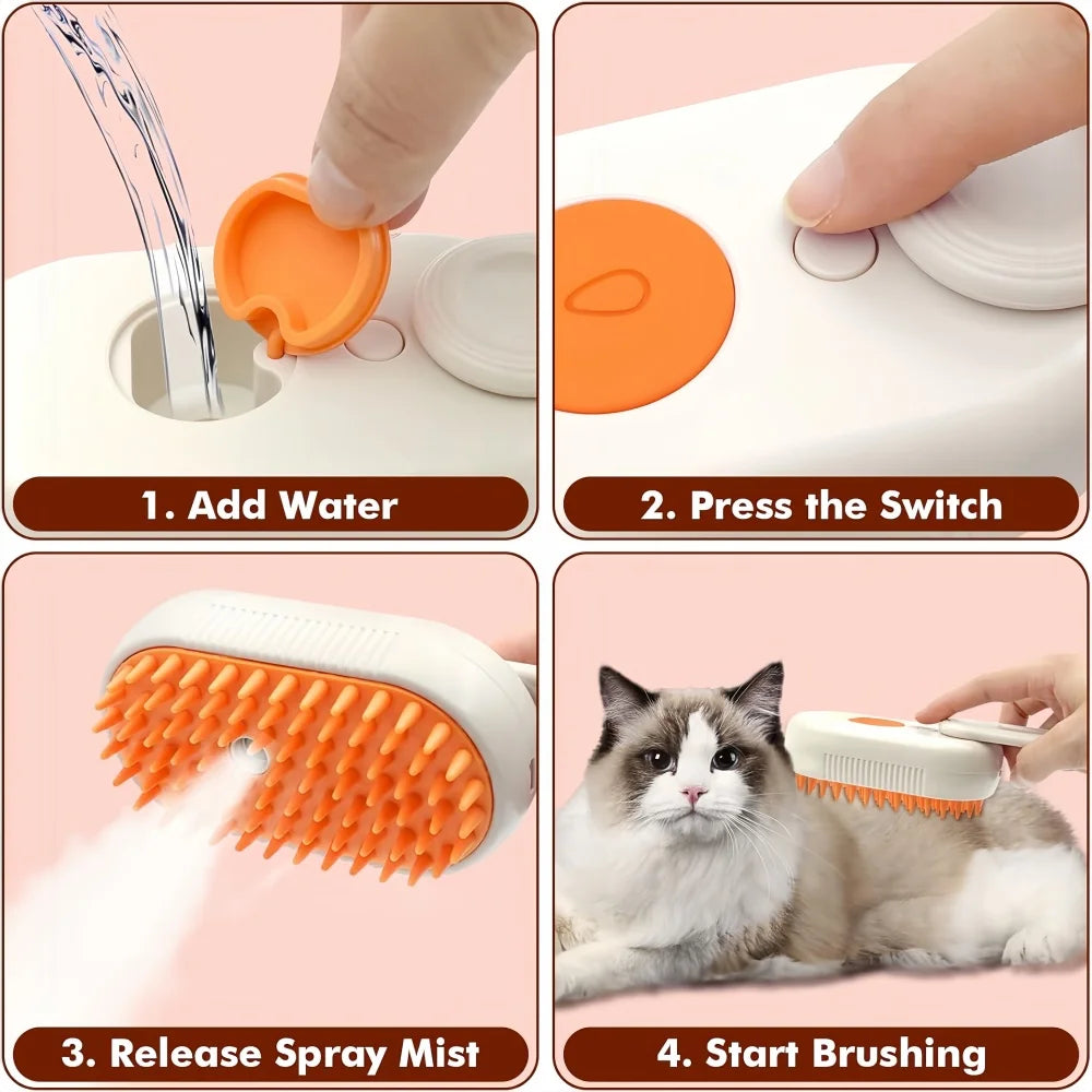 Cepillo de Vapor 3 en 1 para Gatos | Elimina Pelo Suelto, Masaje Relajante y Spray Vaporizador – Recargable USB