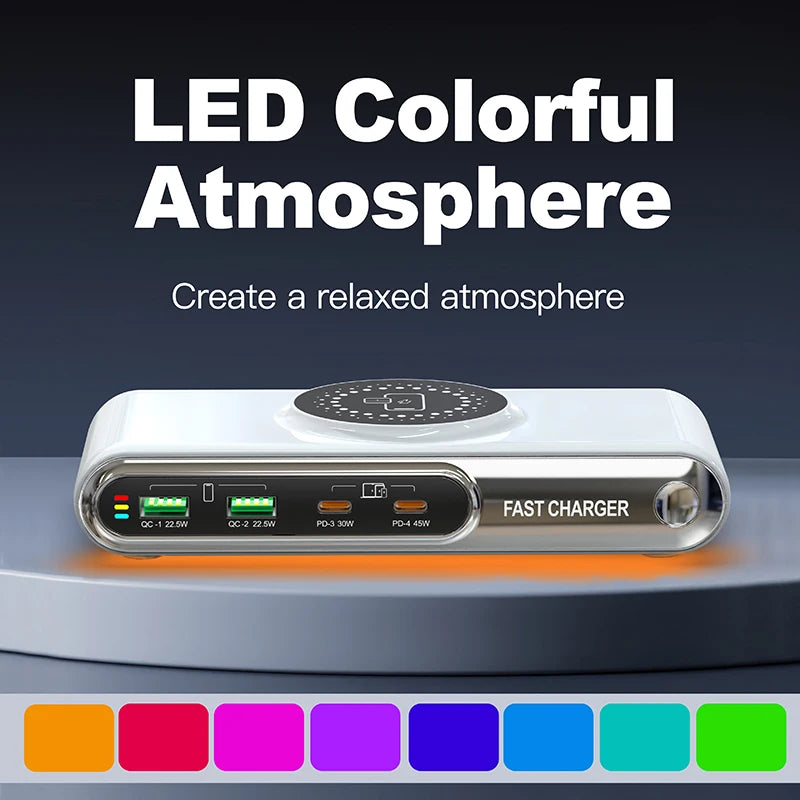 Cargador Inalámbrico Multifunción 72W | 4 Puertos USB-C PD + USB QC – Carga Rápida para Casa, Oficina y Viaje