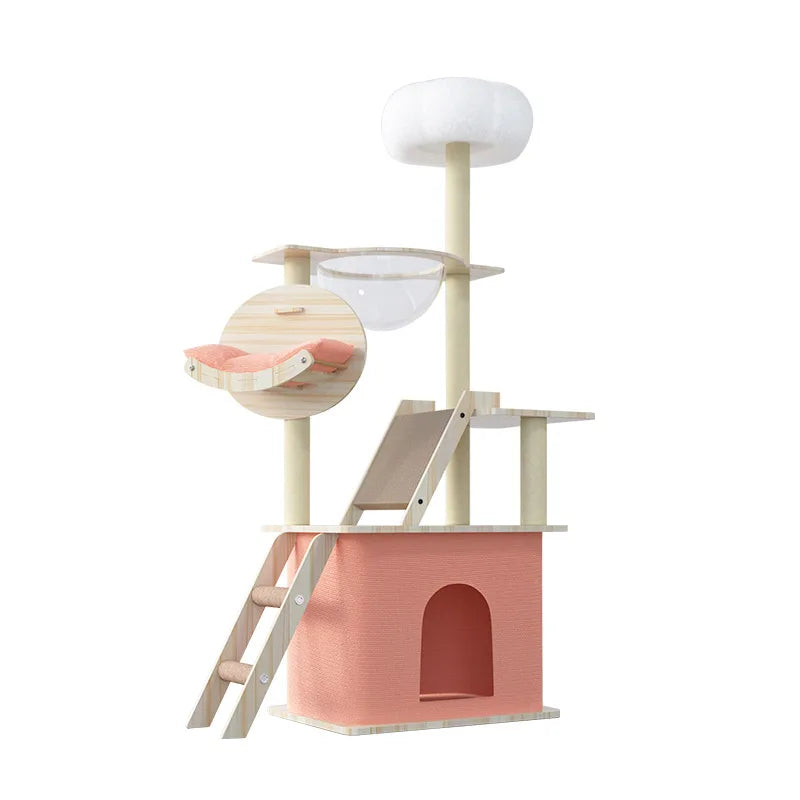 Árbol rascador para gatos, estructura grande de madera integrada con casa y columna rascadora, no ocupa mucho espacio.