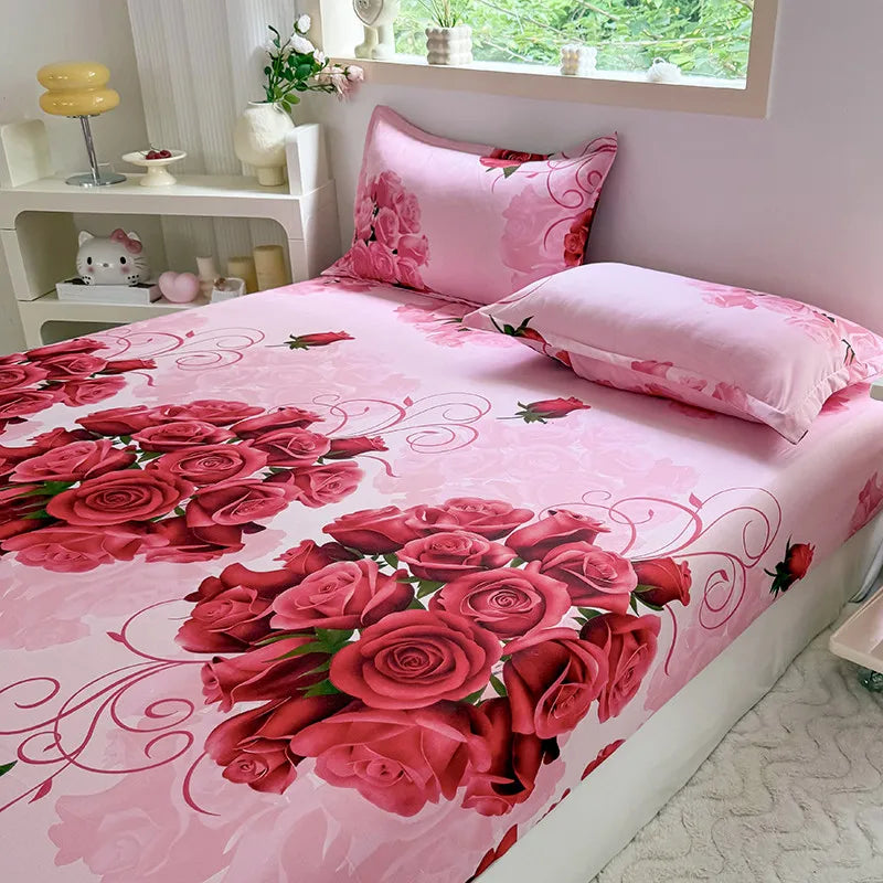 Sábana de estilo Floral con funda de almohada, funda de cama suave, sábana bajera individual/doble/Queen/King/SKing, ropa de cama sabana