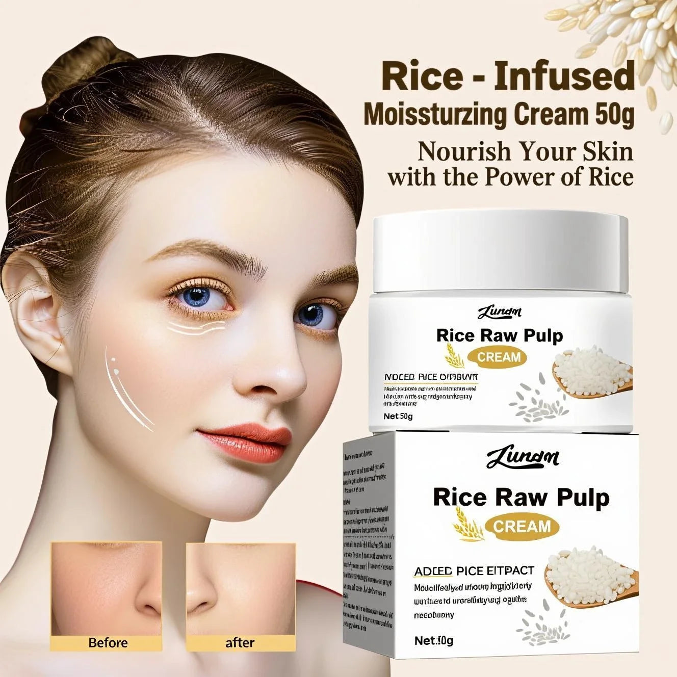 Crema Hidratante de Arroz Coreano - Antiedad con Ácido Hialurónico 50g