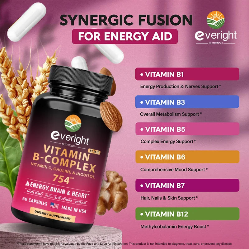 Complejo de Vitamina B XMSJ | Energía Diaria, Apoyo Cerebral y Cardiovascular con Vitamina C, Colina e Inositol