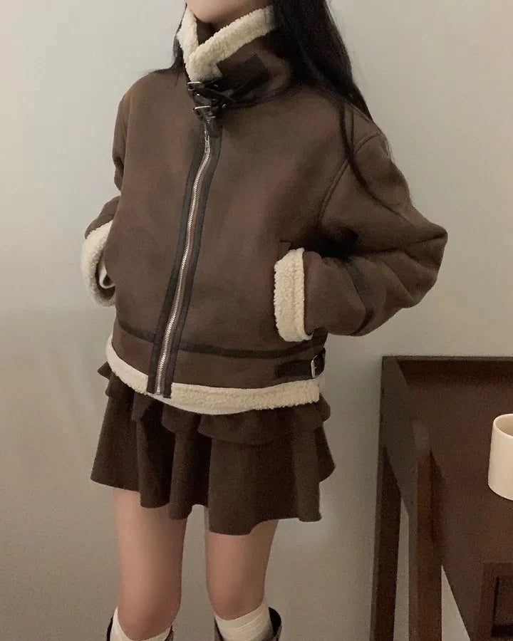 Chaqueta de Motocicta de Gamuza Retro Chic para Mujer, Estilo Casual y Moderno, Top de Manga Larga de Aodón para Mujeres...