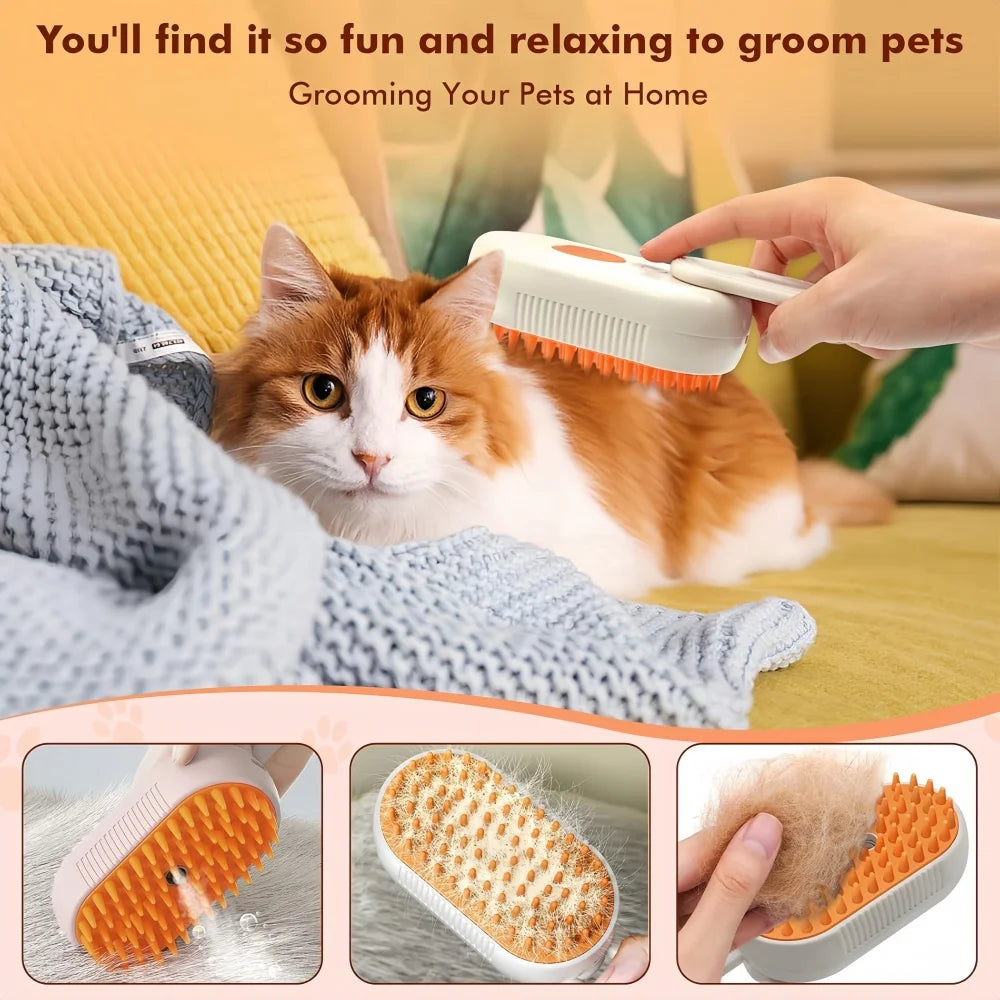 Cepillo de Vapor 3 en 1 para Gatos | Elimina Pelo Suelto, Masaje Relajante y Spray Vaporizador – Recargable USB