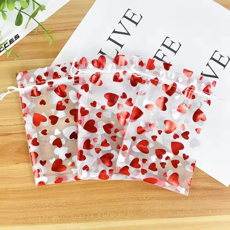 Bolsas de Organza para el Día de San Valentín, Bolsa de Organza con Cordón de Corazón, Bolsa de Regalo para Dulces, Joyas, Boda, Fiesta, Embalaje de Regalos