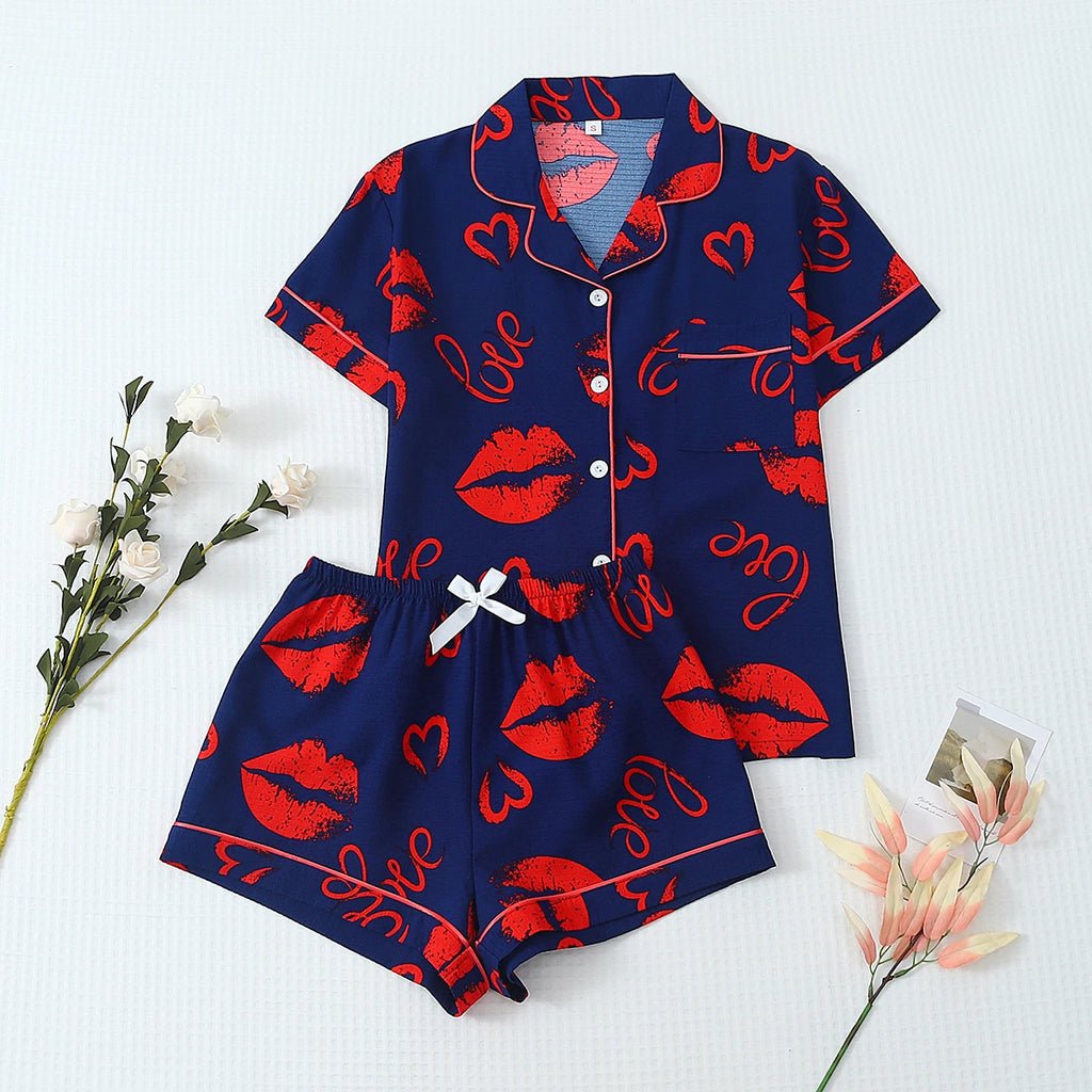 [San Valentín] Conjunto de pijama de 2 piezas con estampado de labios, pantalones cortos de manga corta, pijamas de mujer, conjunto de ropa de descanso adecuado para uso doméstico