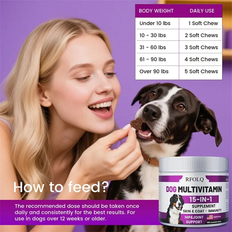 Multivitamina 15 en 1 para Perros – Soporte para Articulaciones, Piel, Digestión e Inmunidad (100 Tabletas Masticables)