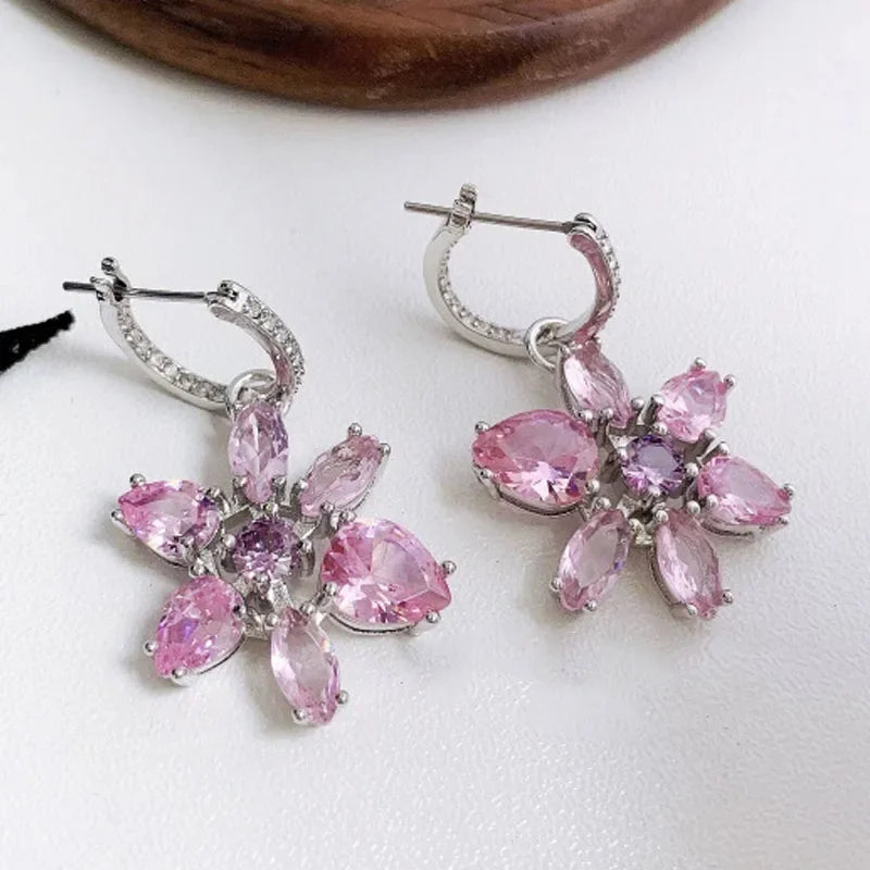 Dijes de moda, conjuntos de joyería fina, dijes de lujo, flores de cristal rosa, collar, pendientes, pulsera, accesorios de fiesta para mujer