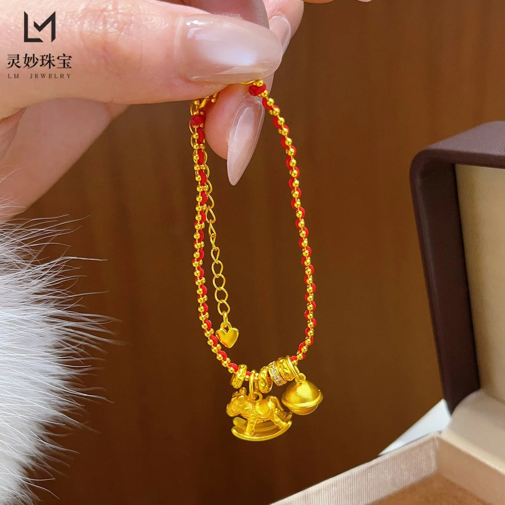 ✨ Pulsera Jiggly Horse Bell en Oro 24K AU999 para Mujer Campana Dorada de Alto Pulido | Brillo Elegante para Uso Diario