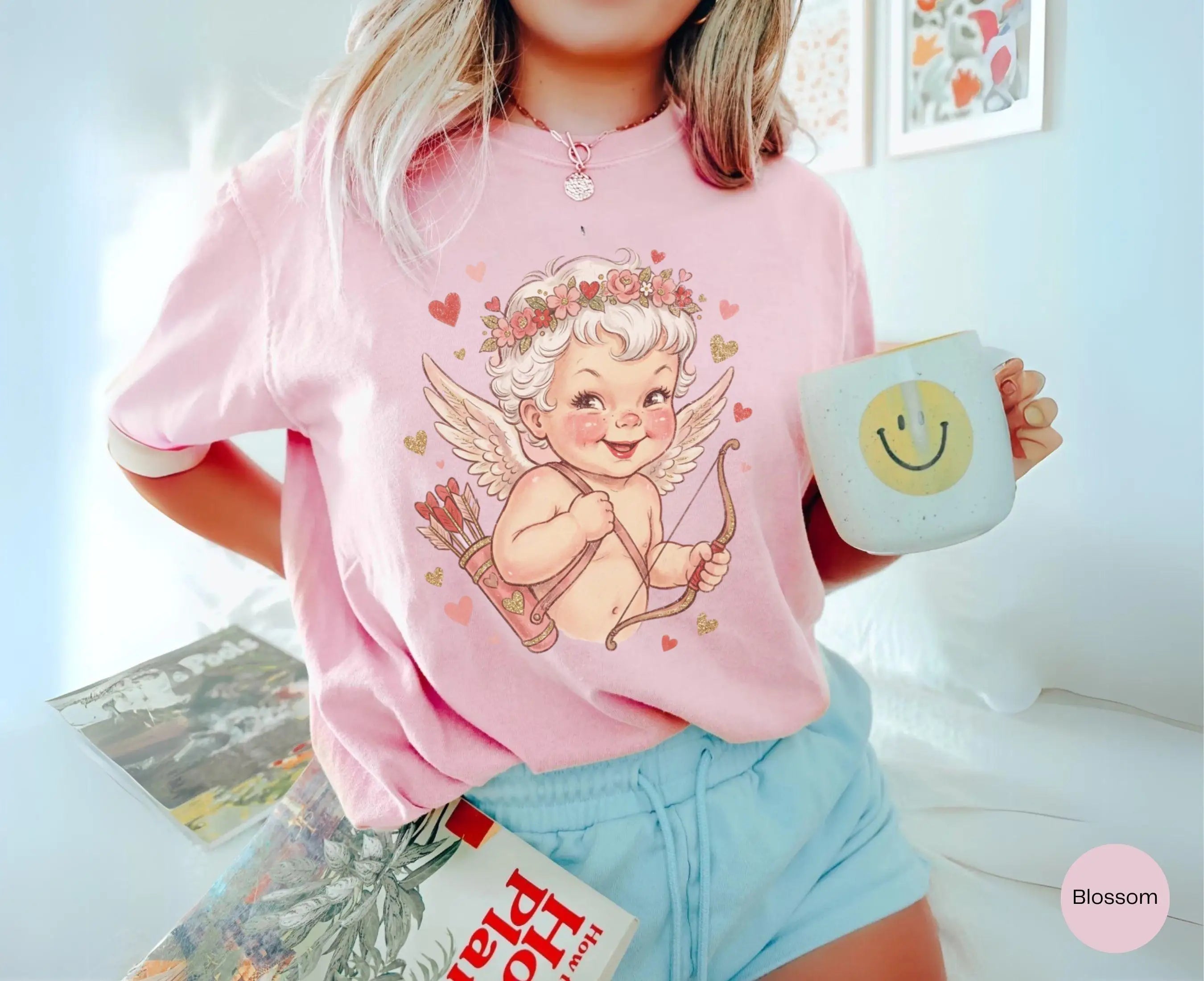 Camiseta para el Día de San Valentín: Linda camiseta retro de Cupido, de algodón, de manga corta, de gran tamaño, adecuada para vacaciones informales de uso diario