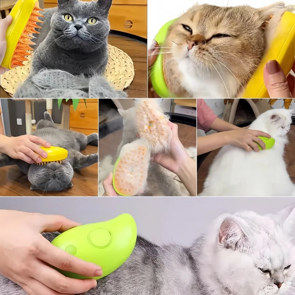 Cepillo de Vapor 3 en 1 para Gatos | Elimina Pelo Suelto, Masaje Relajante y Spray Vaporizador – Recargable USB