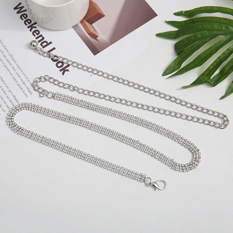 Cinturón de vestir de moda de alta gama para mujer; Cadena de espera ajustable adornada con pedrería; Accesorio de moda lujoso para niñas