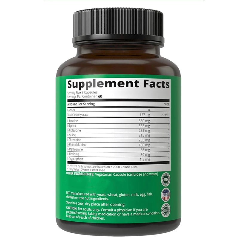 9 suplementos esenciales de aminoácidos. Cápsulas que continen tres veces la cantidad de leucina.