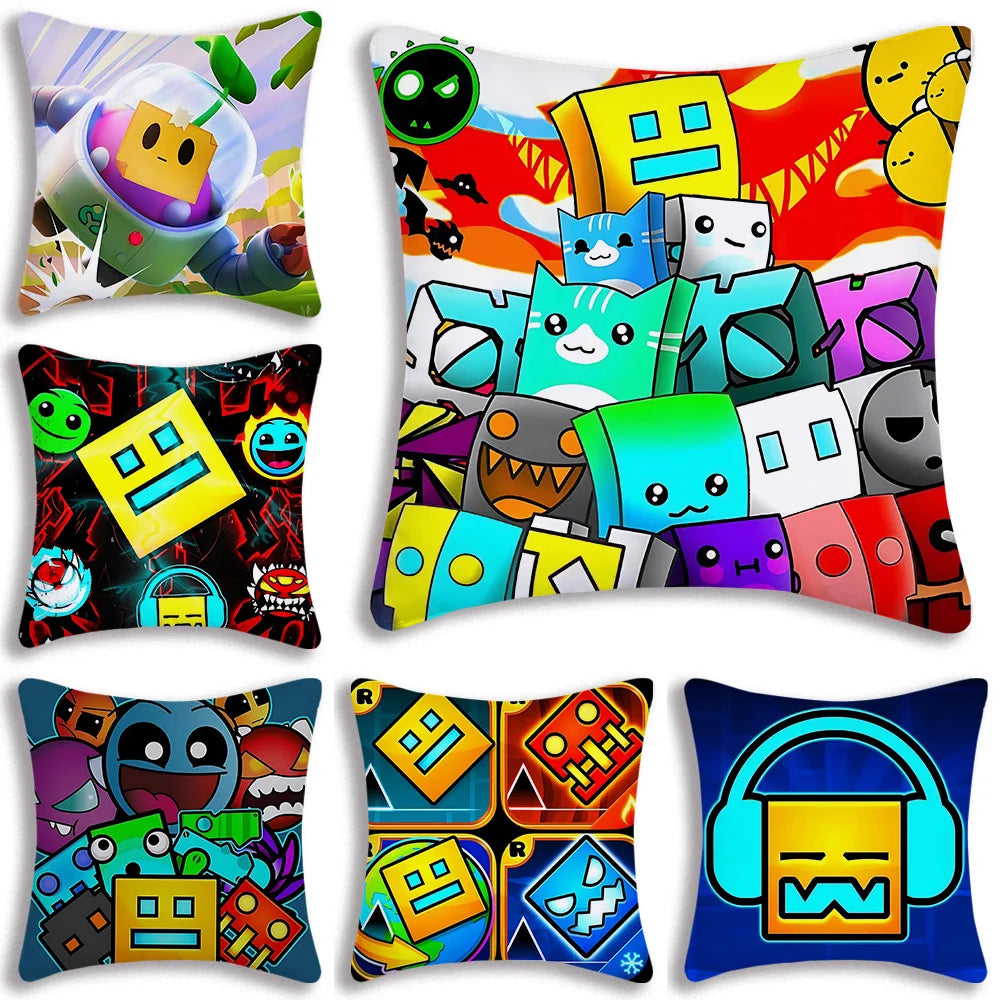 Fundas de almohada geométricas de dibujos animados Dash Videojuego sofá decorativo hogar impresión de doble cara funda de cojín bonita de felpa corta
