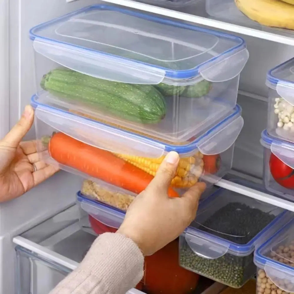 Caja de almacenamiento de plástico segura para refrigerador con tapa, recipientes y tarros de alimentos rectangulares sellados, apilables, trasparent, 1/4 Uds.