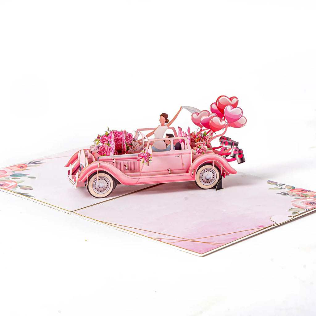 Tarjeta emergente de pareja de flores con globos de coche de boda de San Valentín, tarjeta de felicitación 3D romántica para parejas
