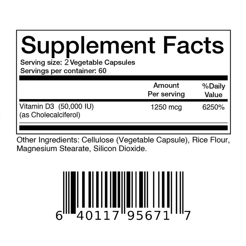 Vitamina D3 50,000 UI Xemenry | Apoyo para Huesos Fuertes, Función Muscular, Sistema Nervioso e Inmunidad