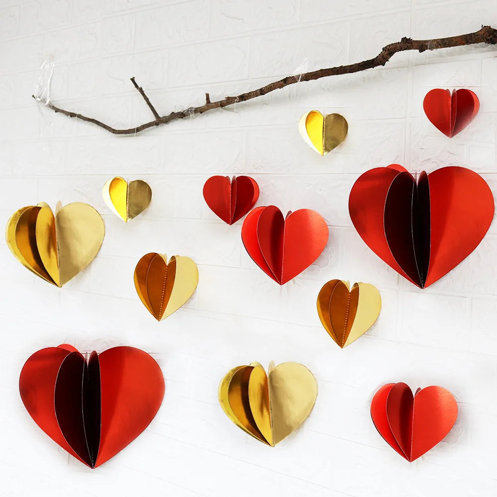 Guirnalda de corazón rojo 3D, decoración del Día de San Valentín, guirnalda colgante de corazón de amor de oro rojo, suministros para fiesta de cumpleaños, aniversario de boda