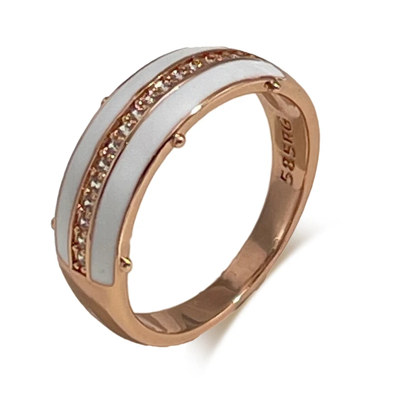 💍 Anillo SYOUJYO de Oro Rosa 585 con Circón Natural Esmalte Blanco, Pavé Completo y Brillo Elegante | Joyería Fina para Uso Diario