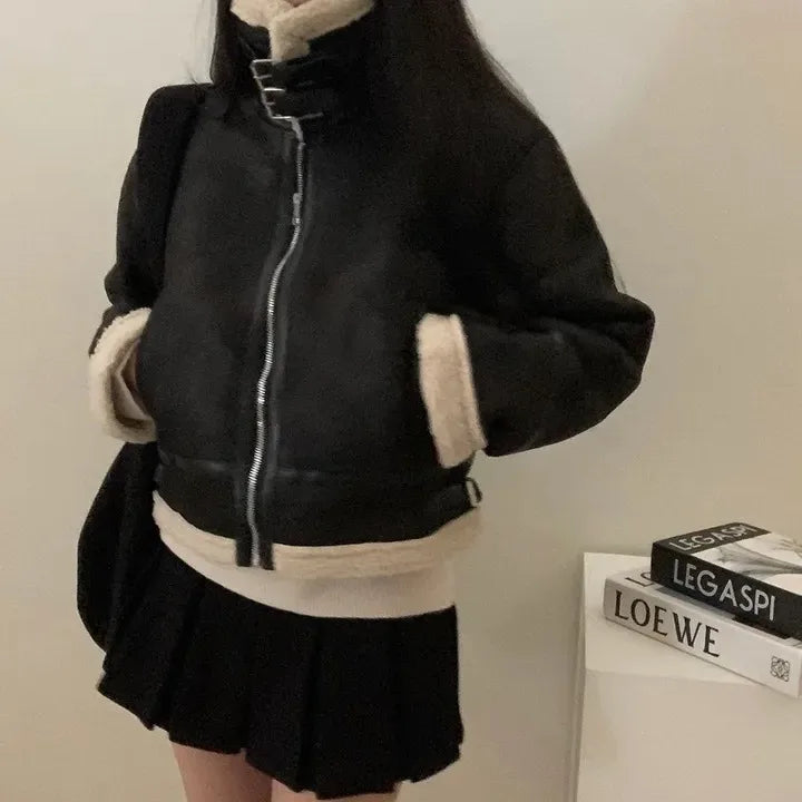 Chaqueta de Motocicta de Gamuza Retro Chic para Mujer, Estilo Casual y Moderno, Top de Manga Larga de Aodón para Mujeres...