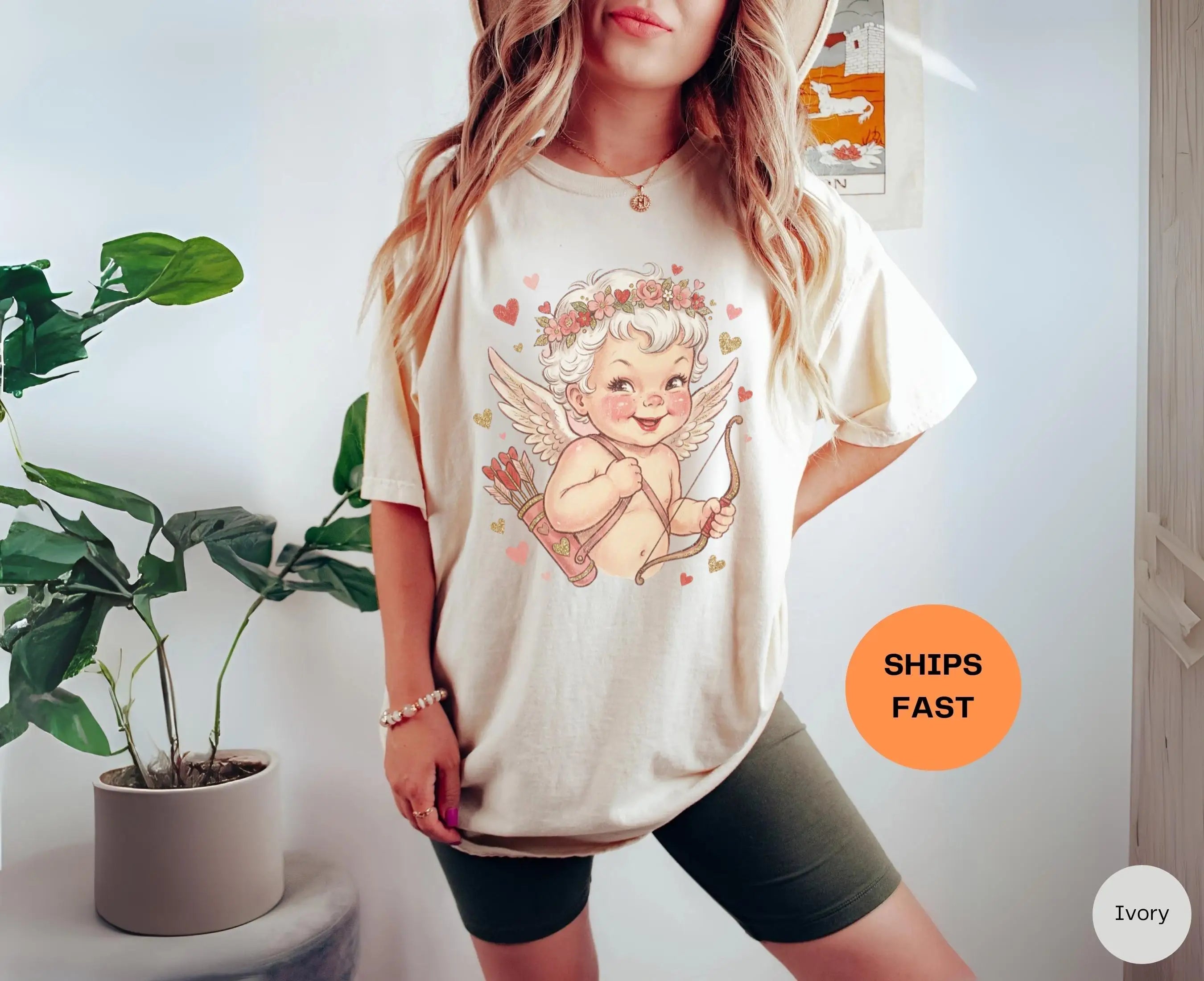 Camiseta para el Día de San Valentín: Linda camiseta retro de Cupido, de algodón, de manga corta, de gran tamaño, adecuada para vacaciones informales de uso diario