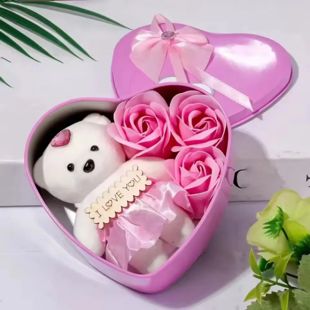Caja de regalo de rosas de oso para el Día de San Valentín, ramo de flores romántico de oso, decoración para fiesta de cumpleaños y boda, regalo de decoración del hogar para novia