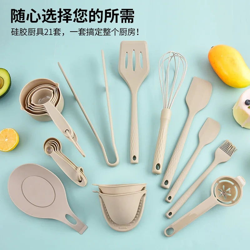 Utensilios de cocina de silicona integrados para hornear, juego de 21 piezas, sartén antiadherente resistente a altas temperaturas, espátula, cepillo de aceite, batidor de huevos para freír