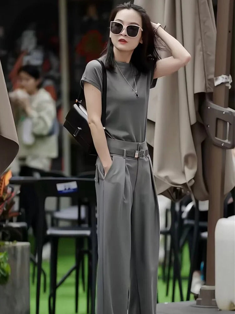 Top de manga corta de color puro para mujer, plones de pierna ancha, ropa e a la moda, cseta de otro material, ...