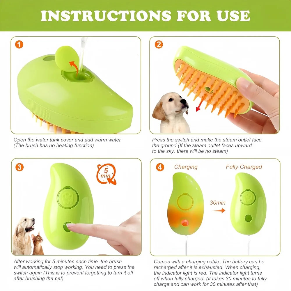 Cepillo de Vapor 3 en 1 para Gatos | Elimina Pelo Suelto, Masaje Relajante y Spray Vaporizador – Recargable USB