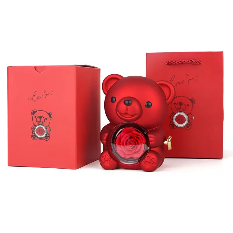 Caja de Regalo con Oso de Peluche y Rosas |   Joyero con Espacio Oculto para Anillo o Pendientes, Incluye Rosa Artificial, Regalo de San Valentín