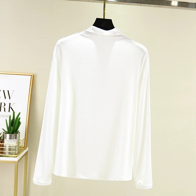 Cseta Básica de Manga Larga para Mujer, Cuello Medio Alto, Corte Ajustado, Estilo Versátil para Primavera y Otoño, Talla G...