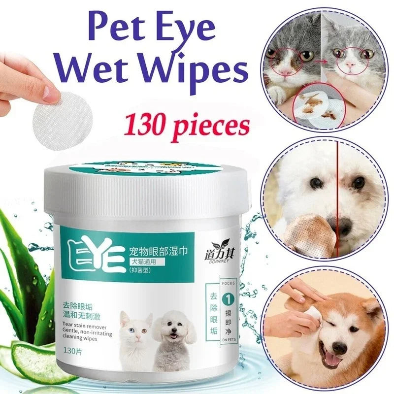 Toallitas de Limpieza para Ojos de Mascotas - Quitamanchas Suaves para Perros y Gatos (130 pcs)