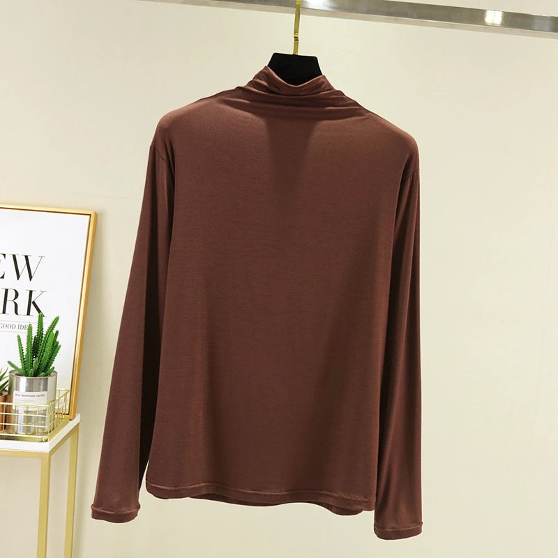 Cseta Básica de Manga Larga para Mujer, Cuello Medio Alto, Corte Ajustado, Estilo Versátil para Primavera y Otoño, Talla G...