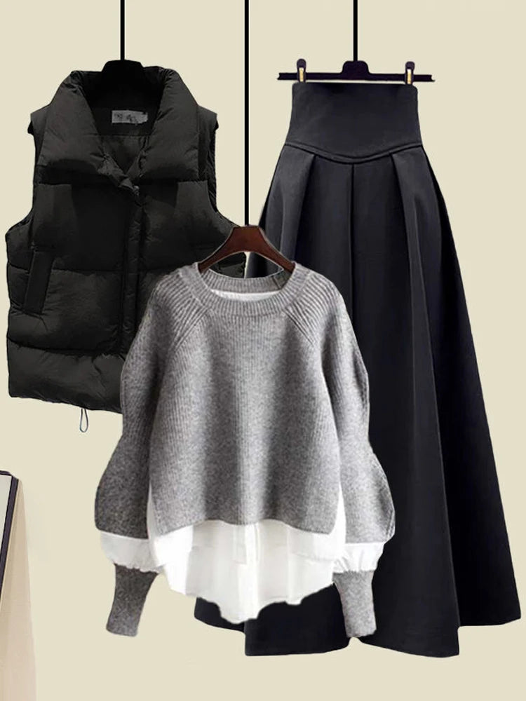 Conjunto de Moda Otoñal para Mujer: Diseño Exclusivo y Moderno, Ceco con Efecto de Dos Piezas y Falda ter, Conjunto de ...