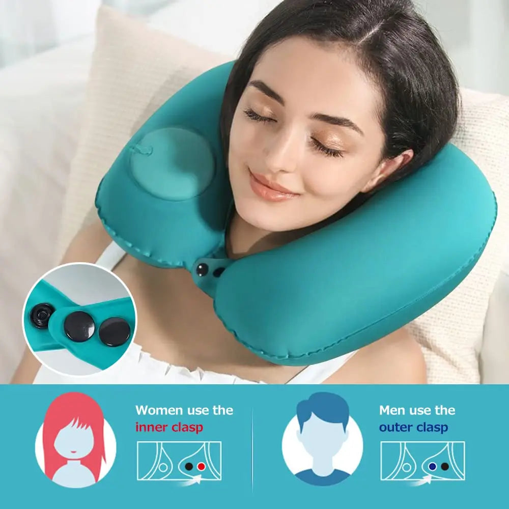 Almohada inflable flocada para el cuello, portátil, que se puede almacenar y llenar, adecuada para viajes al aire libre, viajes de negocios, camping