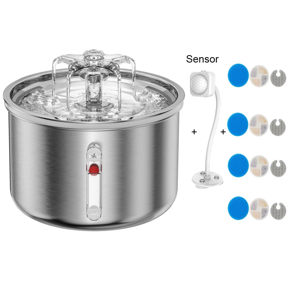 Fuente de Agua Automática de Acero Inoxidable para Gatos 2L – Bebedero con Sensor Inteligente y Alimentación USB