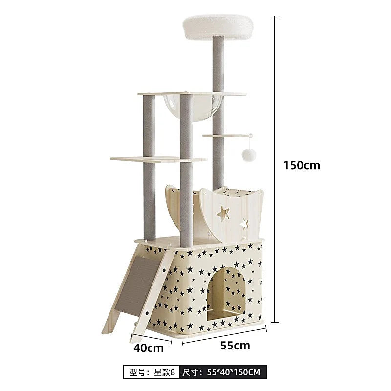 Árbol rascador para gatos, estructura grande de madera integrada con casa y columna rascadora, no ocupa mucho espacio.