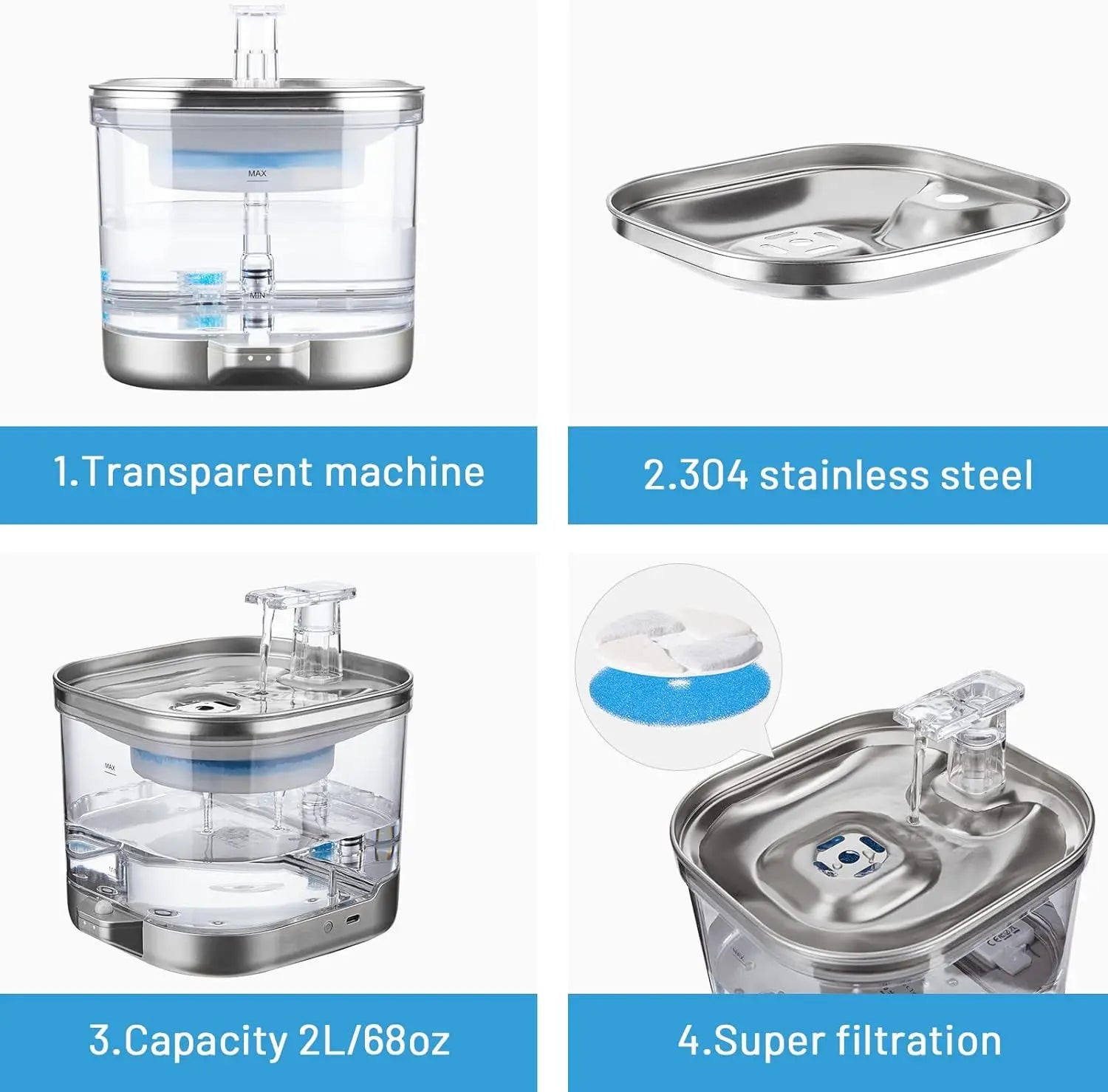Bebedero Inalámbrico Inteligente para Gatos 2L – Sensor de Movimiento, Batería Recargable 5000mAh y Cuenco de Acero Inoxidable